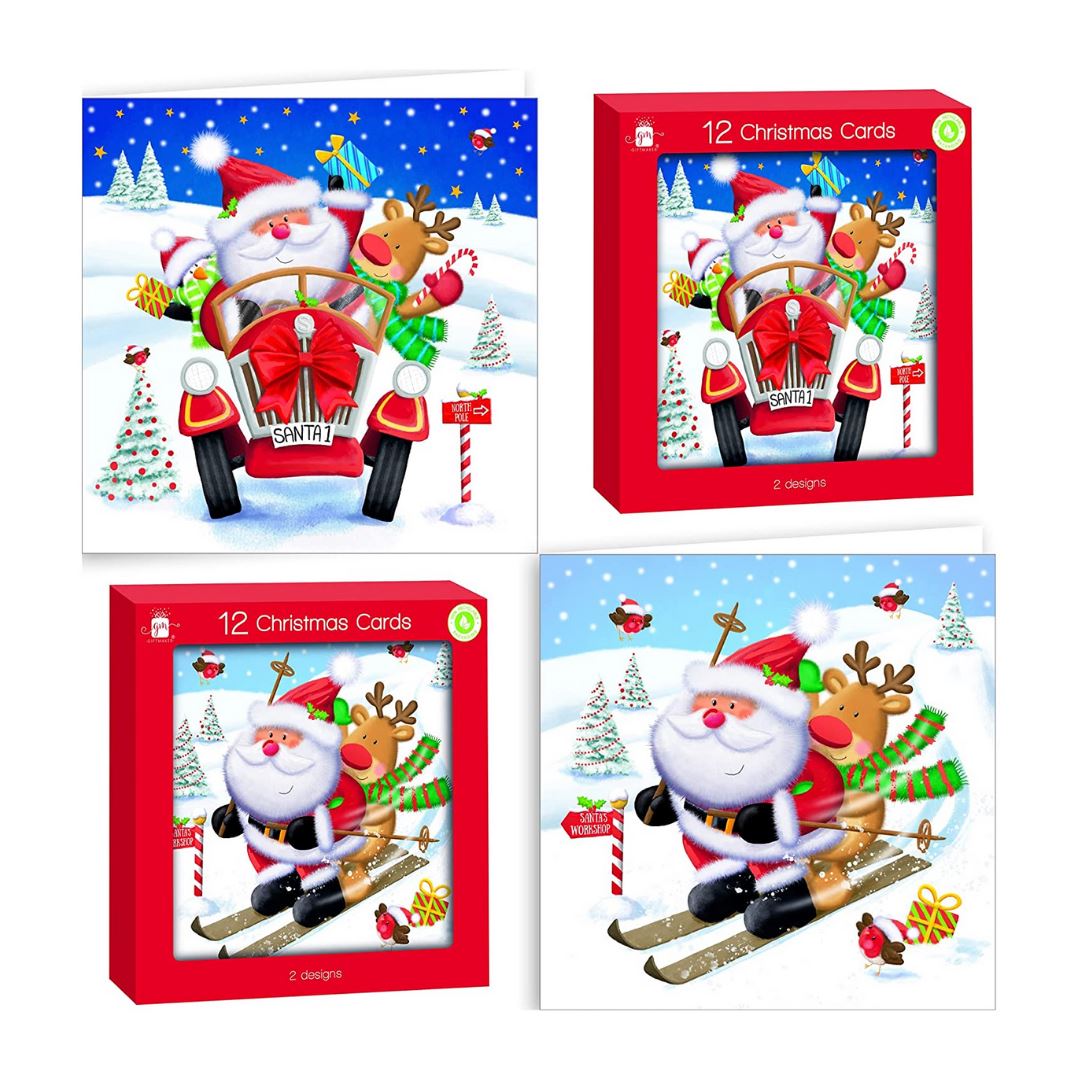 Giftmaker 12 Christmas Cards 2 Designs Cute Santa & Friends